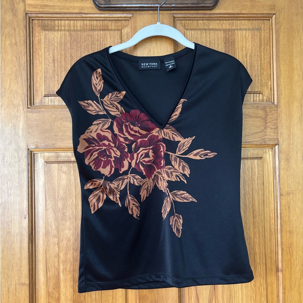 New York & Company Black Top with Red Floral Design